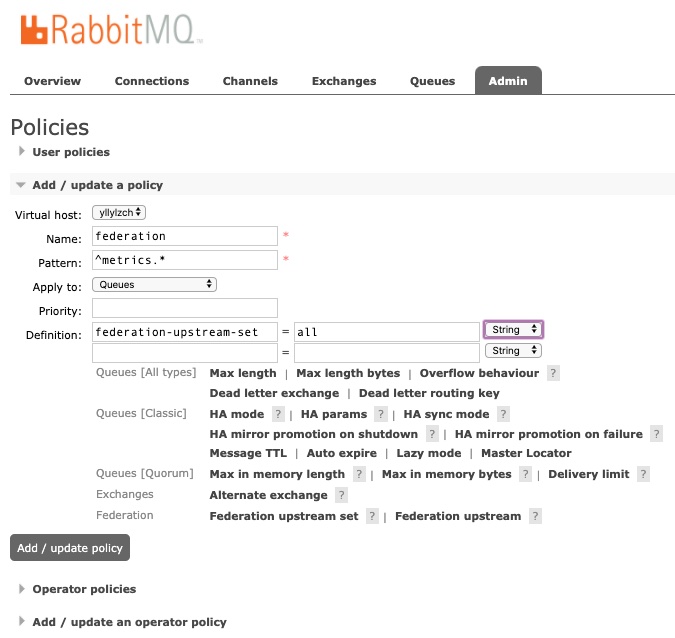 Set up policy inside RabbitMQ Manager