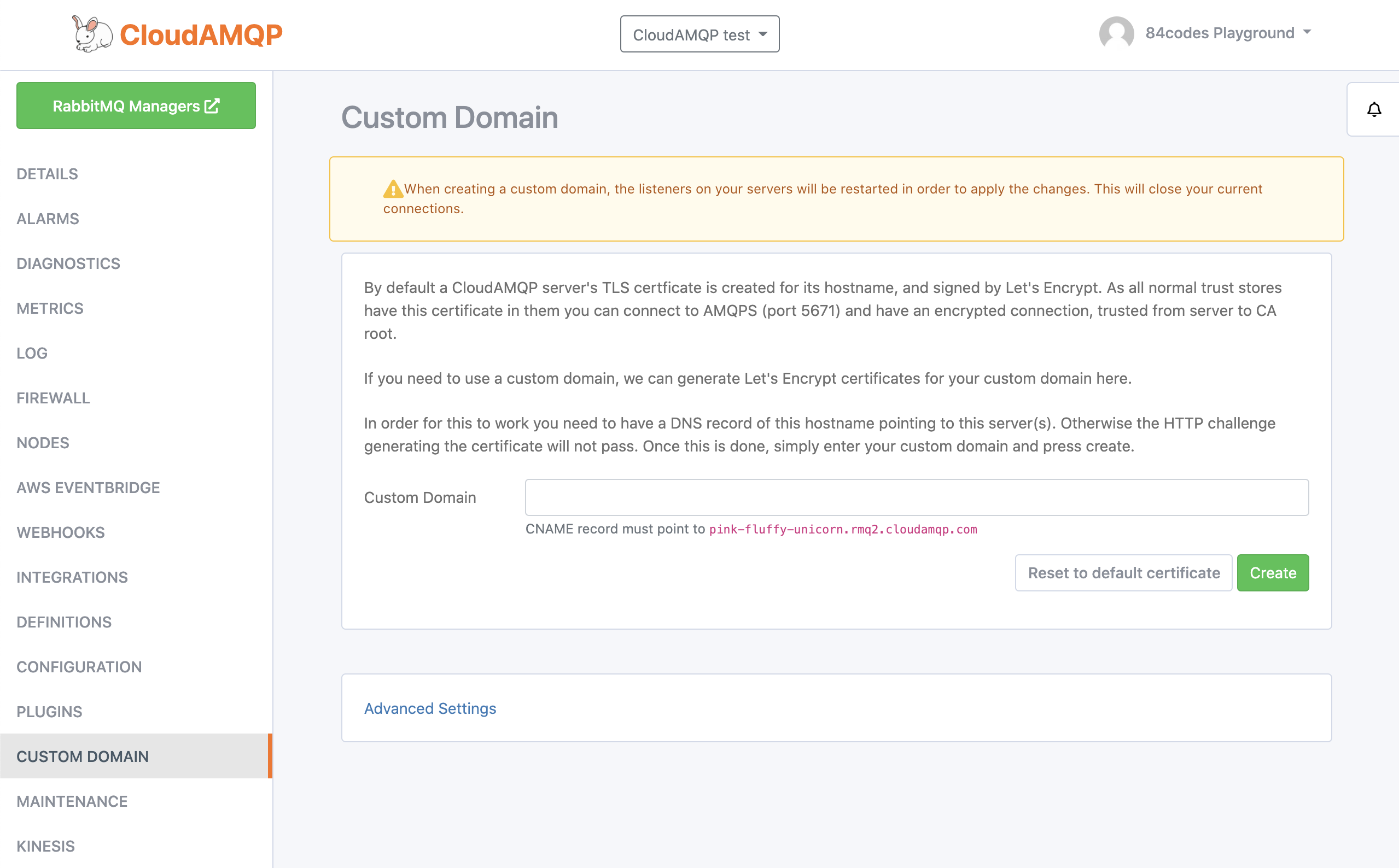 CloudAMQP custom domain