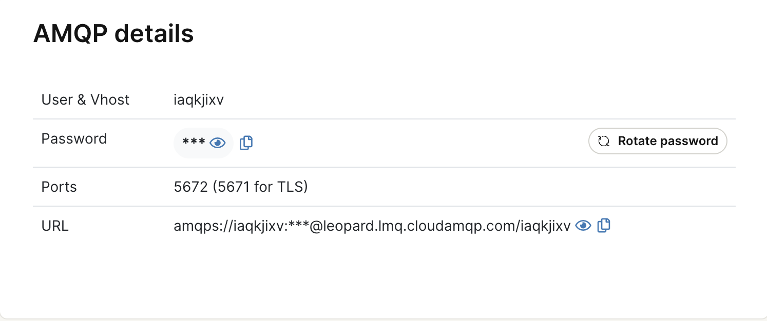 CloudAMQP AMQP Details The AMQP Details section of a CloudAMQP LavinMQ instance, showing the User & Vhost, Password, Ports, and URL fields.