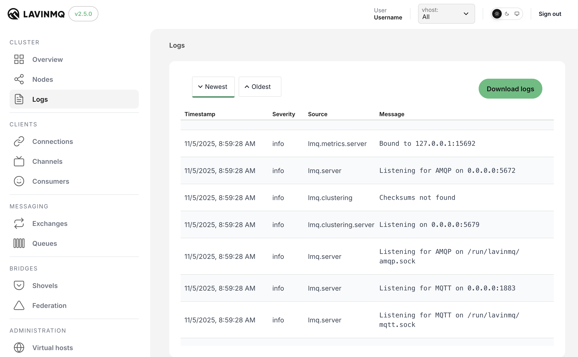 LavinMQ user interface in light mode