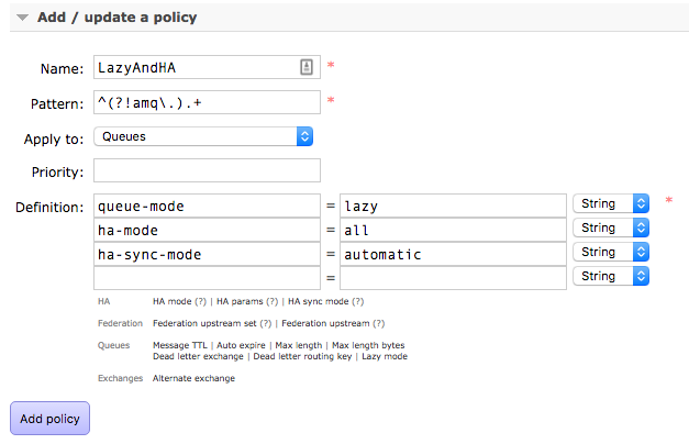 Policy with queue-mode = lazy