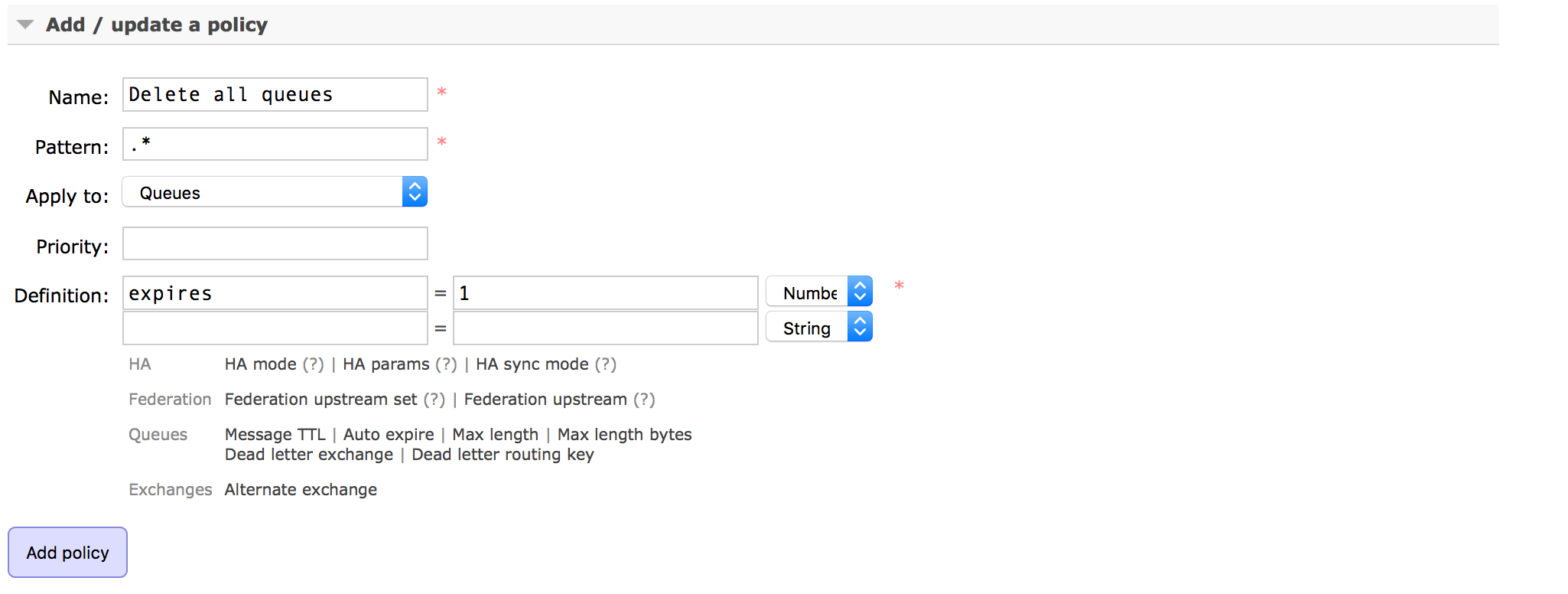 Policy to auto delete queues in RabbitMQ