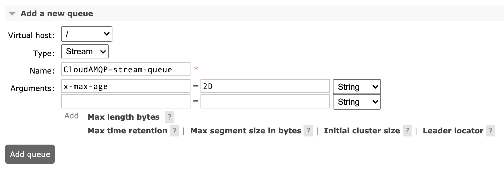 RabbitMQ stream queues screenshot