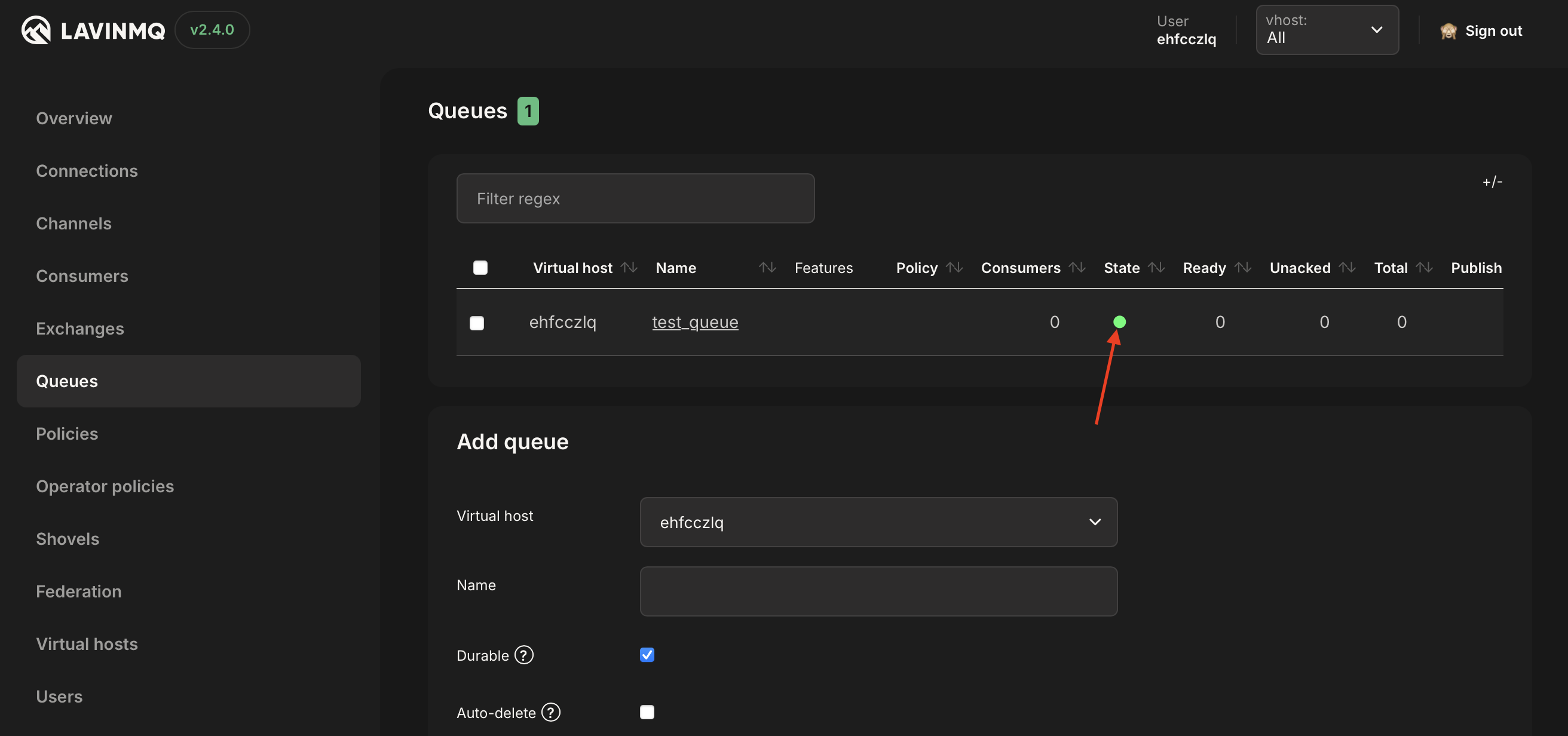 Resume queue status with green circle indicator