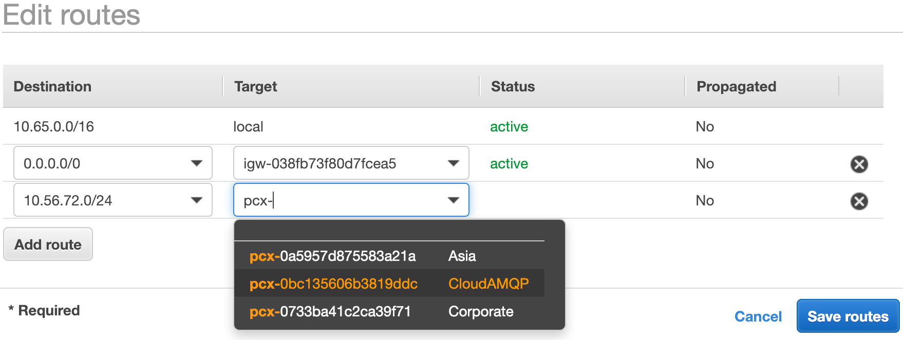 AWS route table, adding route