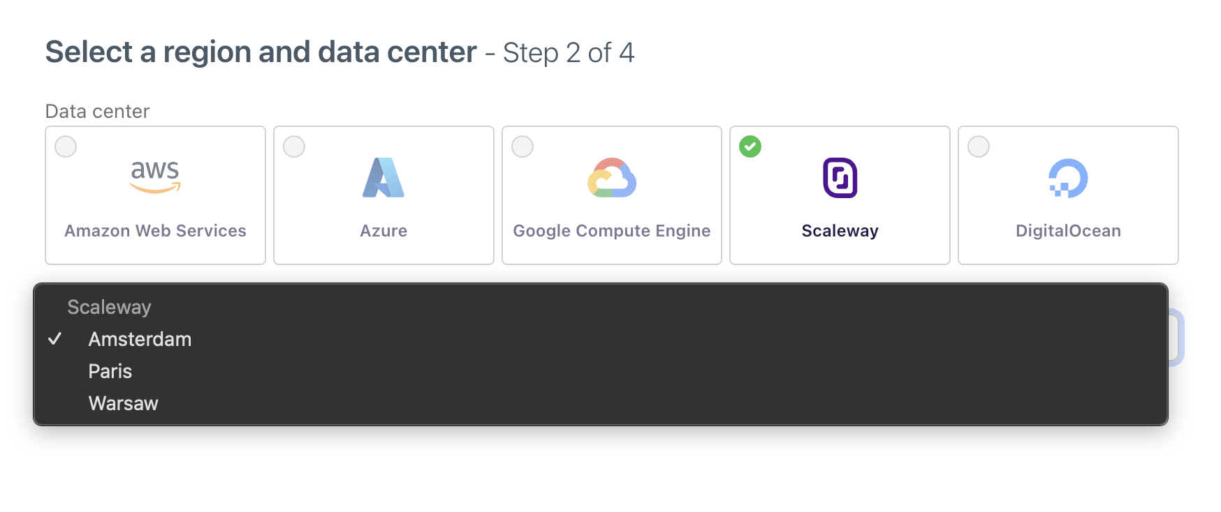 Select region and datacenter