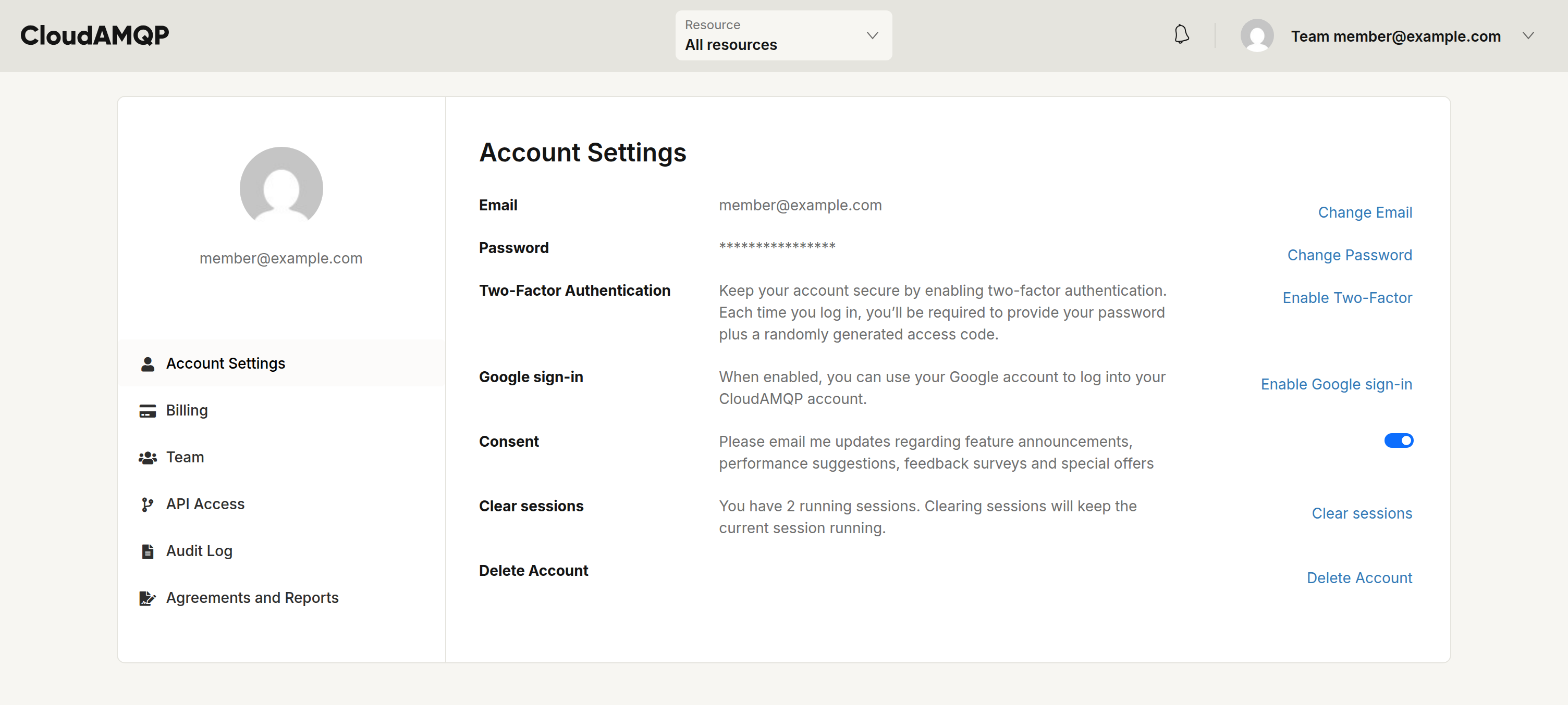 CloudAMQP account settings with the Enable Two-Factor option
