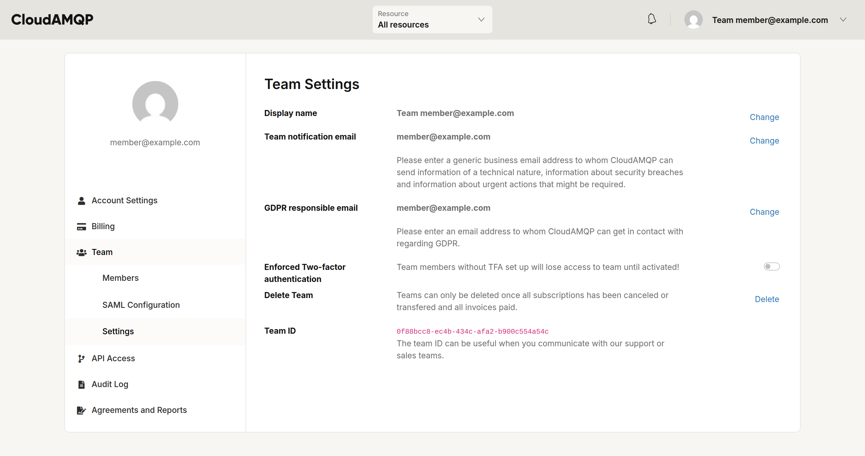 Team settings with the Enforced Two-factor authentication toggle