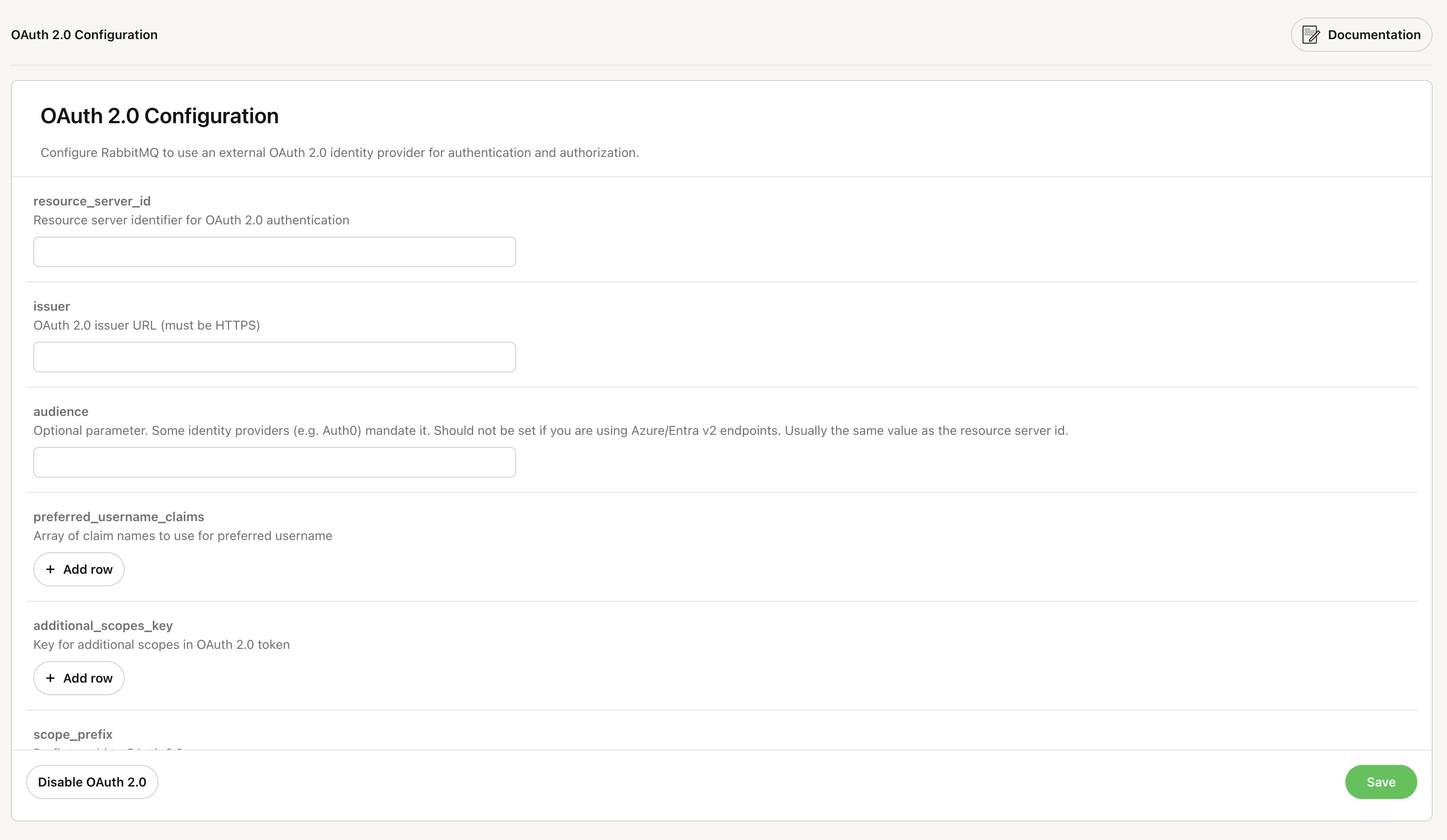 The OAuth 2.0 confguration in the CloudAMQP console.