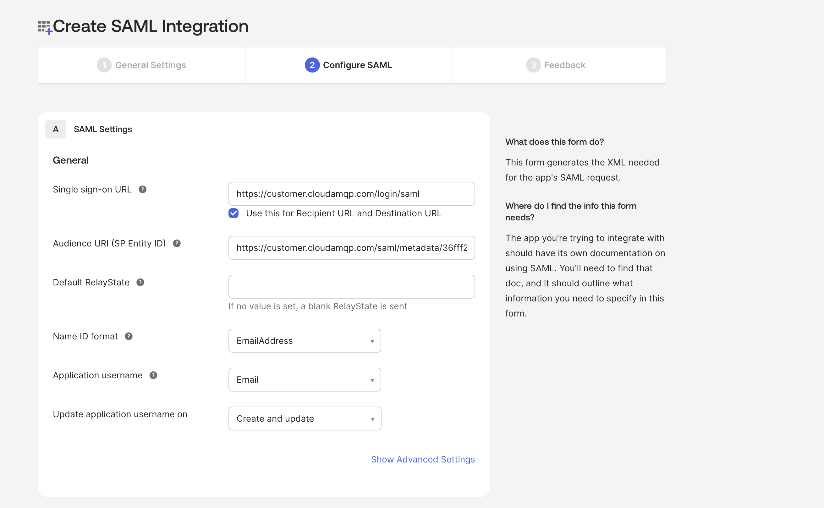 Okta Create app settings 